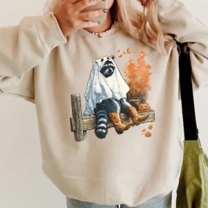 Ghost Raccoon Halloween Graphic T-Shirt Cute Spooky Season Animal Graphic Tee For Women