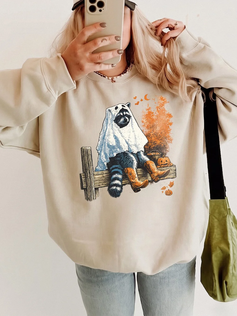 Ghost Raccoon Halloween Graphic T-Shirt Cute Spooky Season Animal Graphic Tee For Women