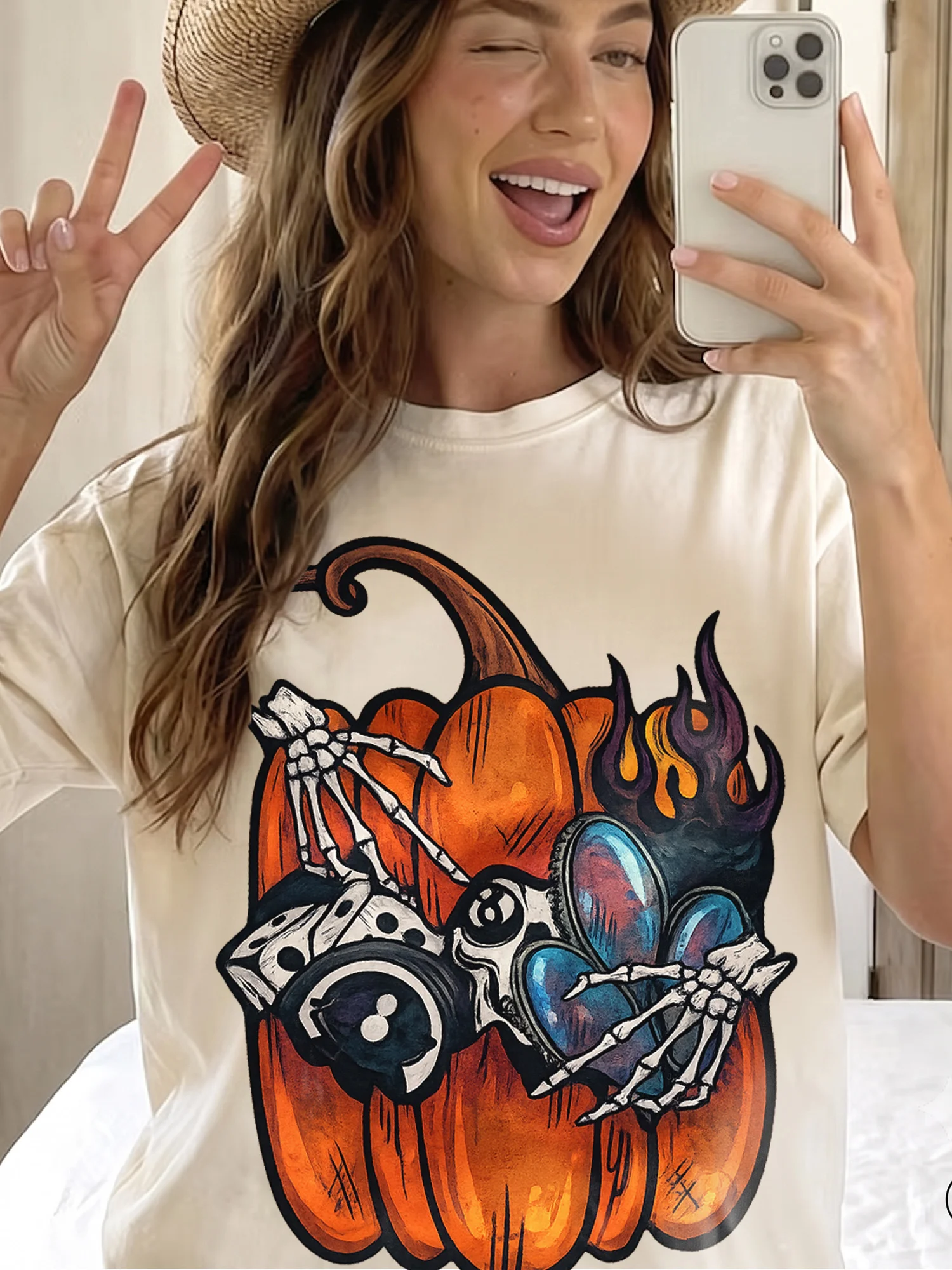 Skeleton Hands Pumpkin Graphic Tee Edgy Spooky Fall Halloween T-Shirt
