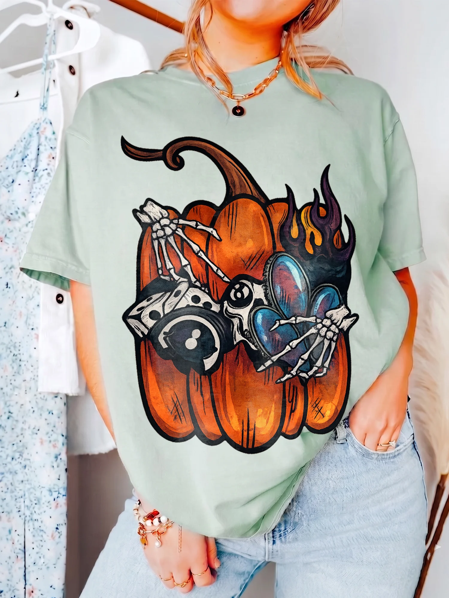 Skeleton Hands Pumpkin Graphic Tee Edgy Spooky Fall Halloween T-Shirt
