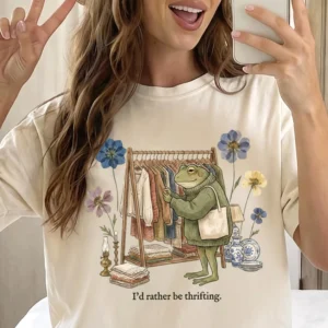 I'd Rather Be Thrifting T-Shirt Cottagecore Frog Graphic Tee Vintage Shopping Thrift Lover Shirt