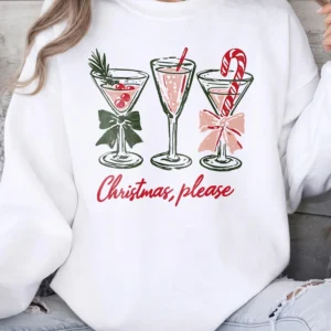 Christmas Please Festive Cocktail Sweatshirt Cozy Holiday Party Crewneck For Women