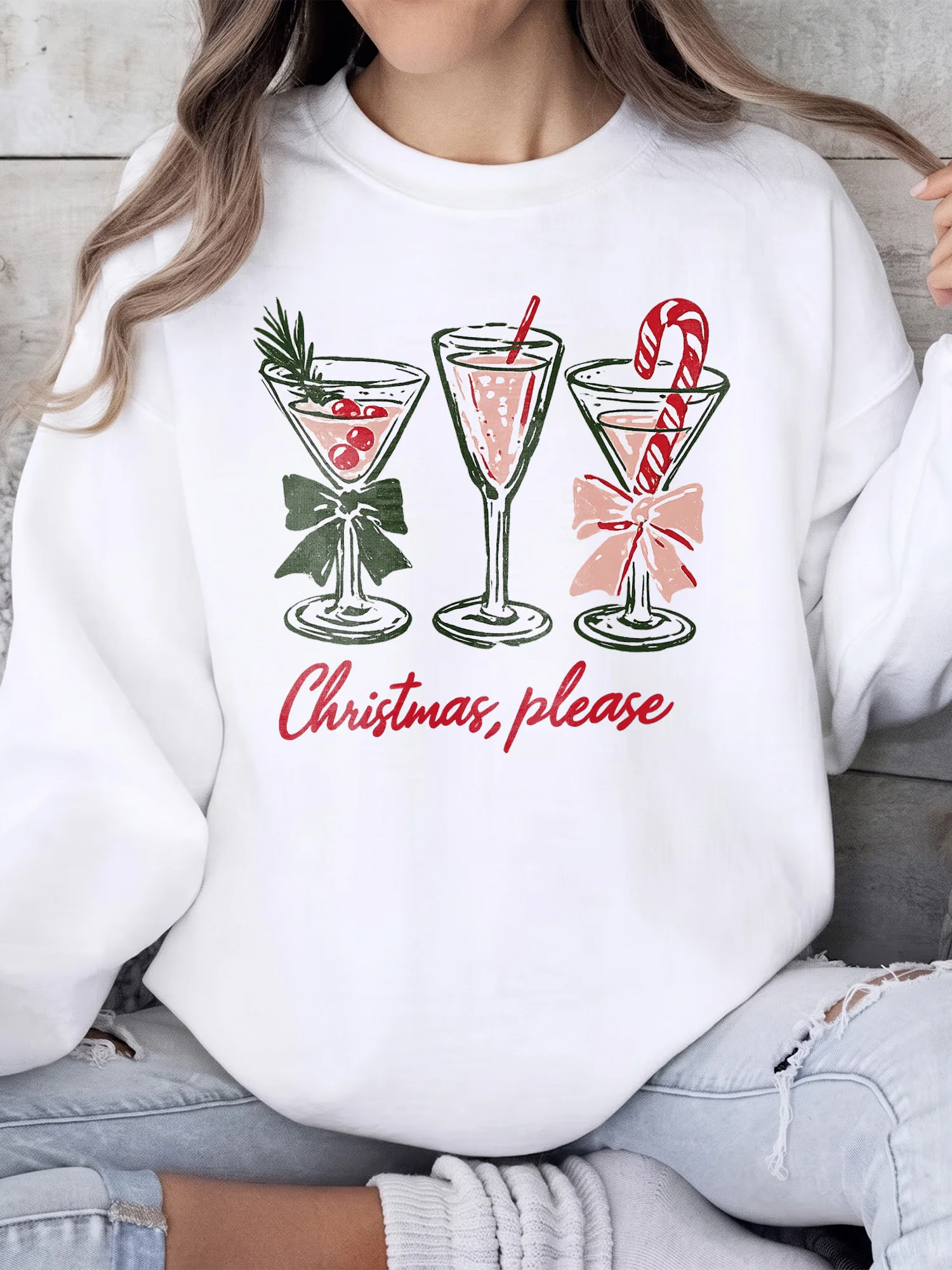 Christmas Please Festive Cocktail Sweatshirt Cozy Holiday Party Crewneck For Women