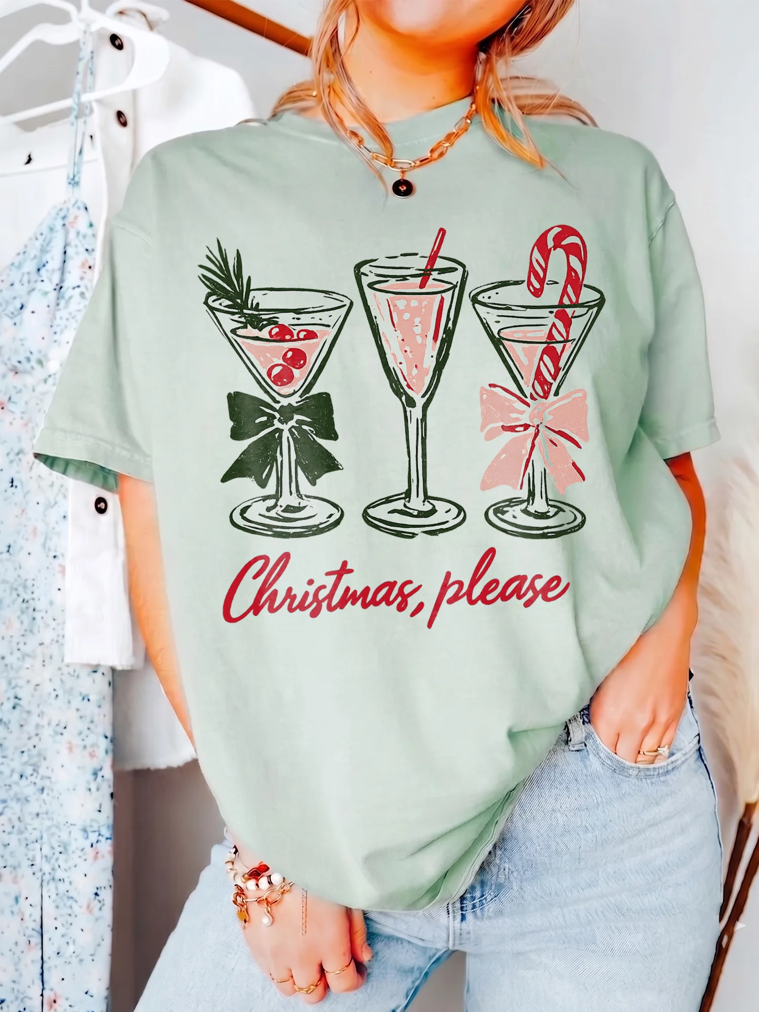 Christmas Please Festive Cocktail Sweatshirt Cozy Holiday Party Crewneck For Women