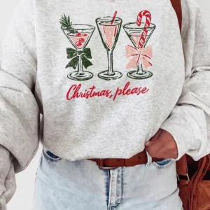 Christmas Please Festive Cocktail Sweatshirt Cozy Holiday Party Crewneck For Women