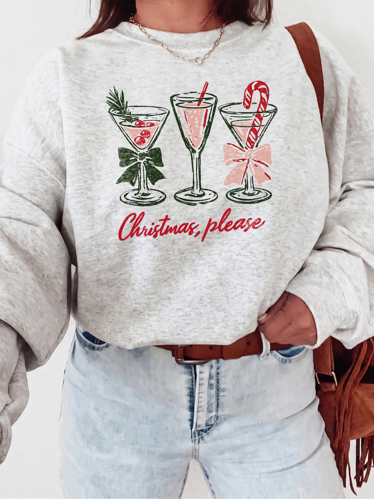 Christmas Please Festive Cocktail Sweatshirt Cozy Holiday Party Crewneck For Women