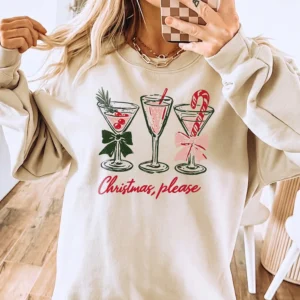 Christmas Please Festive Cocktail Sweatshirt Cozy Holiday Party Crewneck For Women