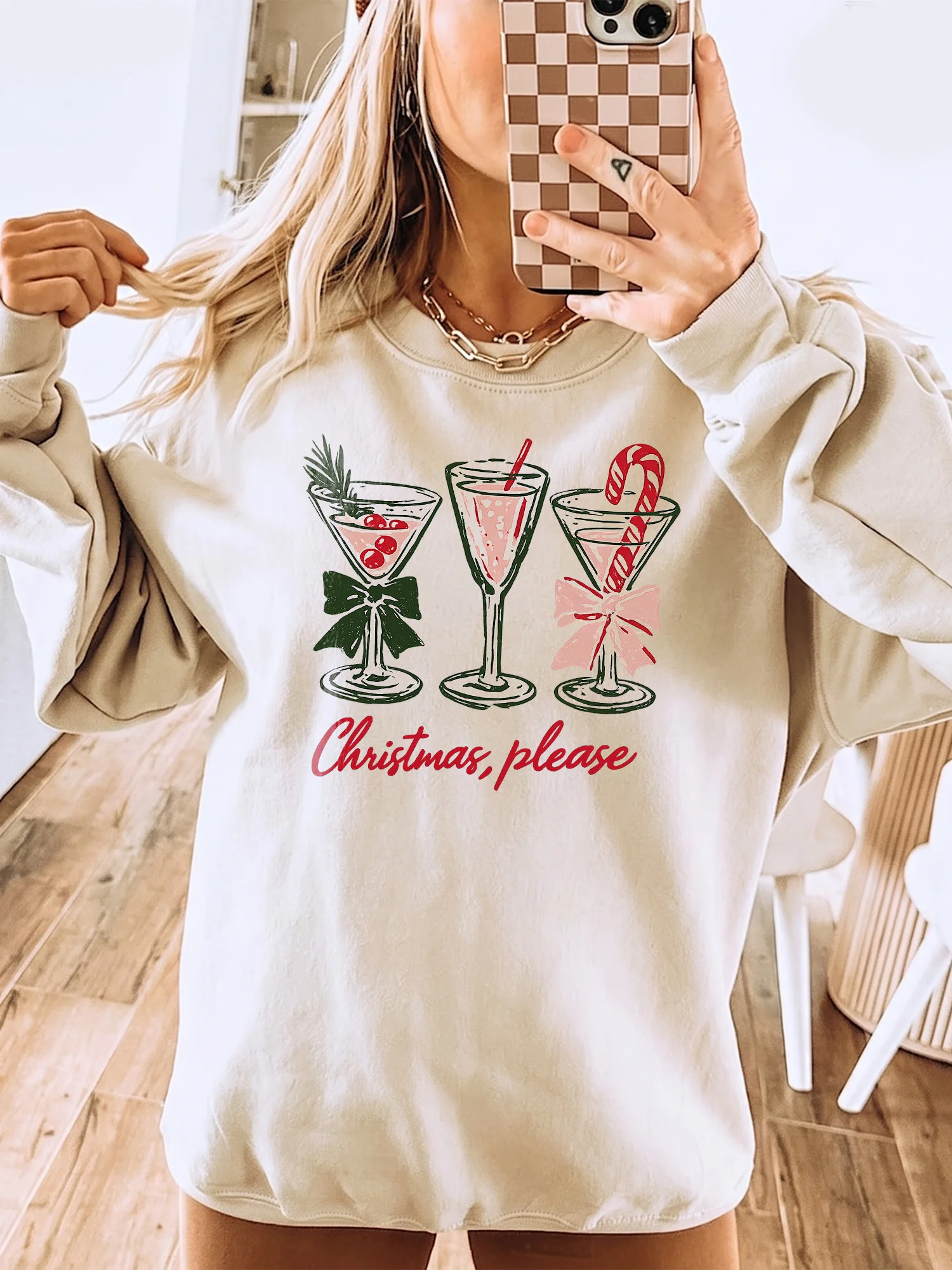 Christmas Please Festive Cocktail Sweatshirt Cozy Holiday Party Crewneck For Women