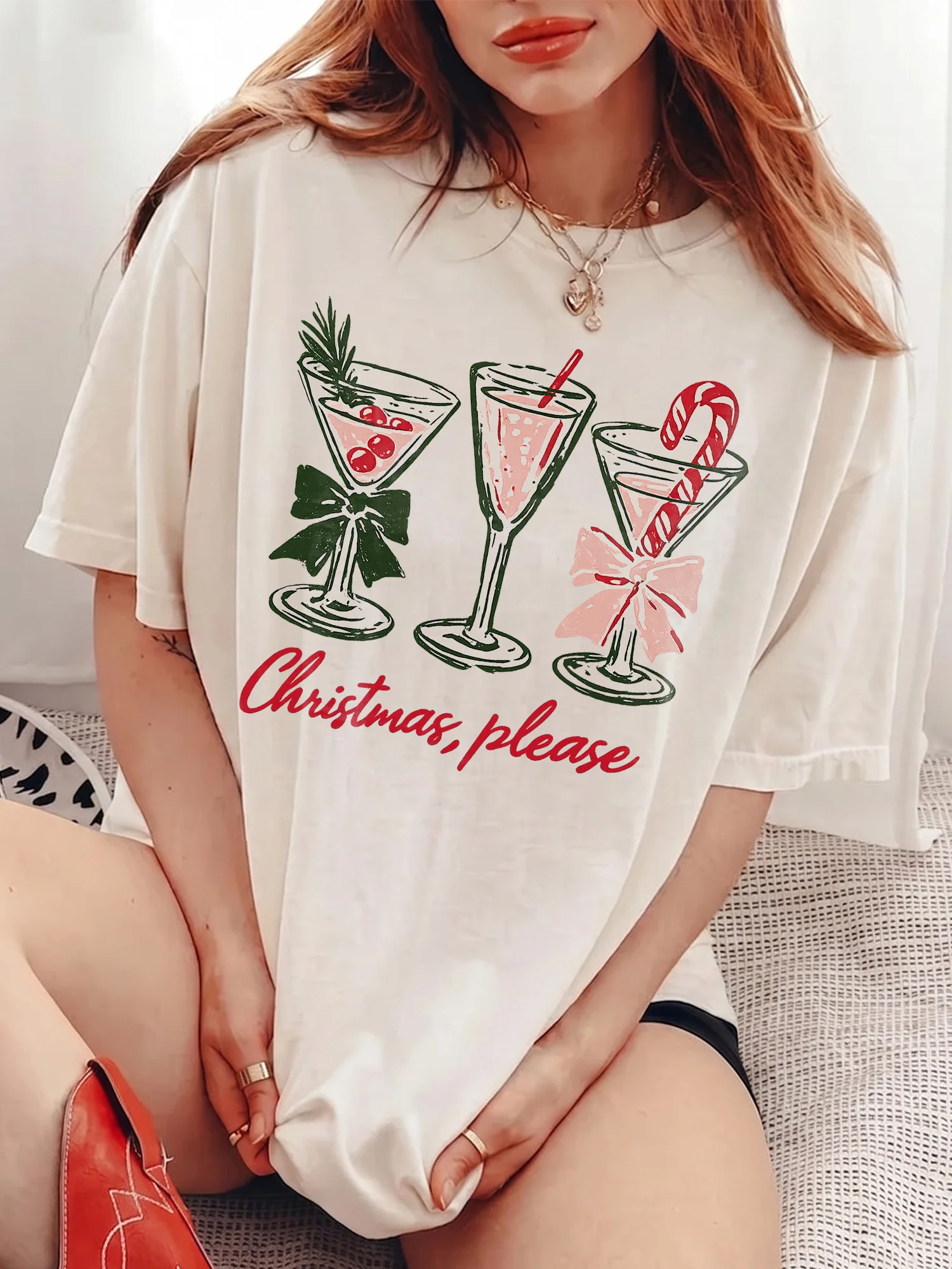 Christmas Please Festive Cocktail Sweatshirt Cozy Holiday Party Crewneck For Women