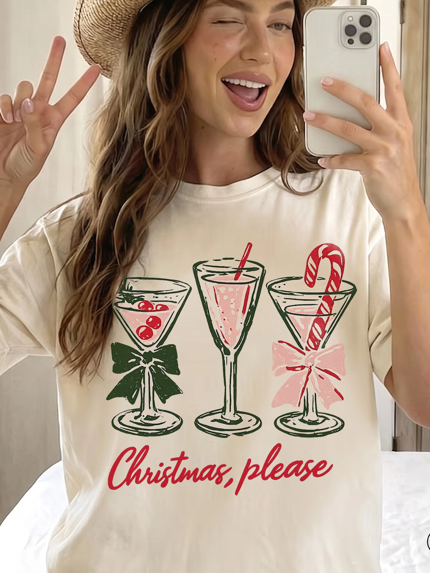 Christmas Please Festive Cocktail Sweatshirt Cozy Holiday Party Crewneck For Women