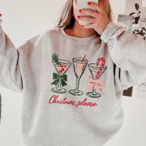 Christmas Please Festive Cocktail Sweatshirt Cozy Holiday Party Crewneck For Women