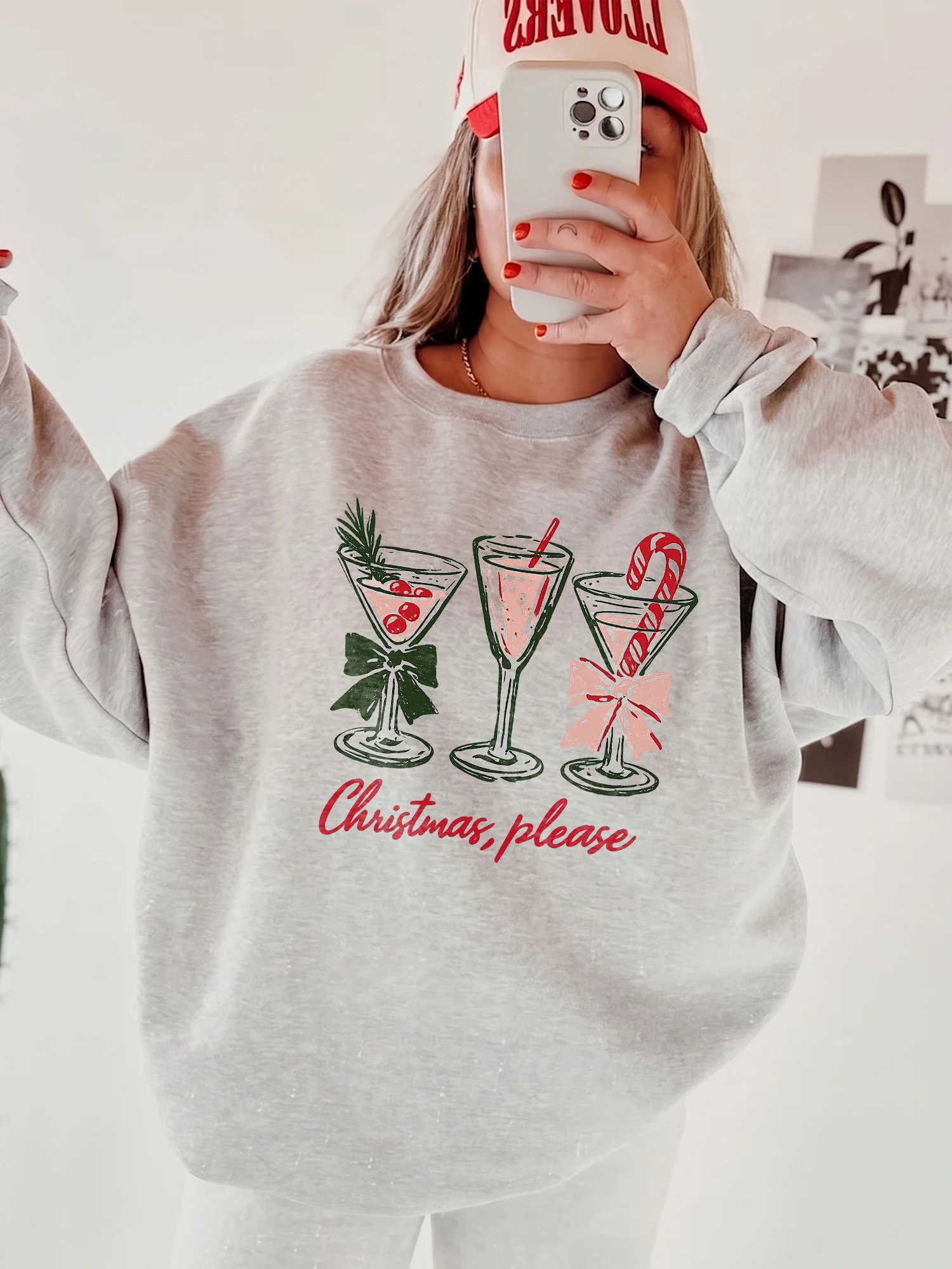 Christmas Please Festive Cocktail Sweatshirt Cozy Holiday Party Crewneck For Women