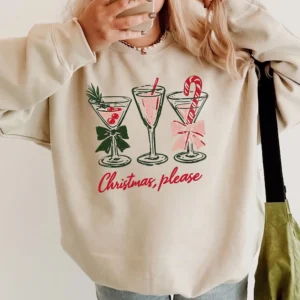 Christmas Please Festive Cocktail Sweatshirt Cozy Holiday Party Crewneck For Women