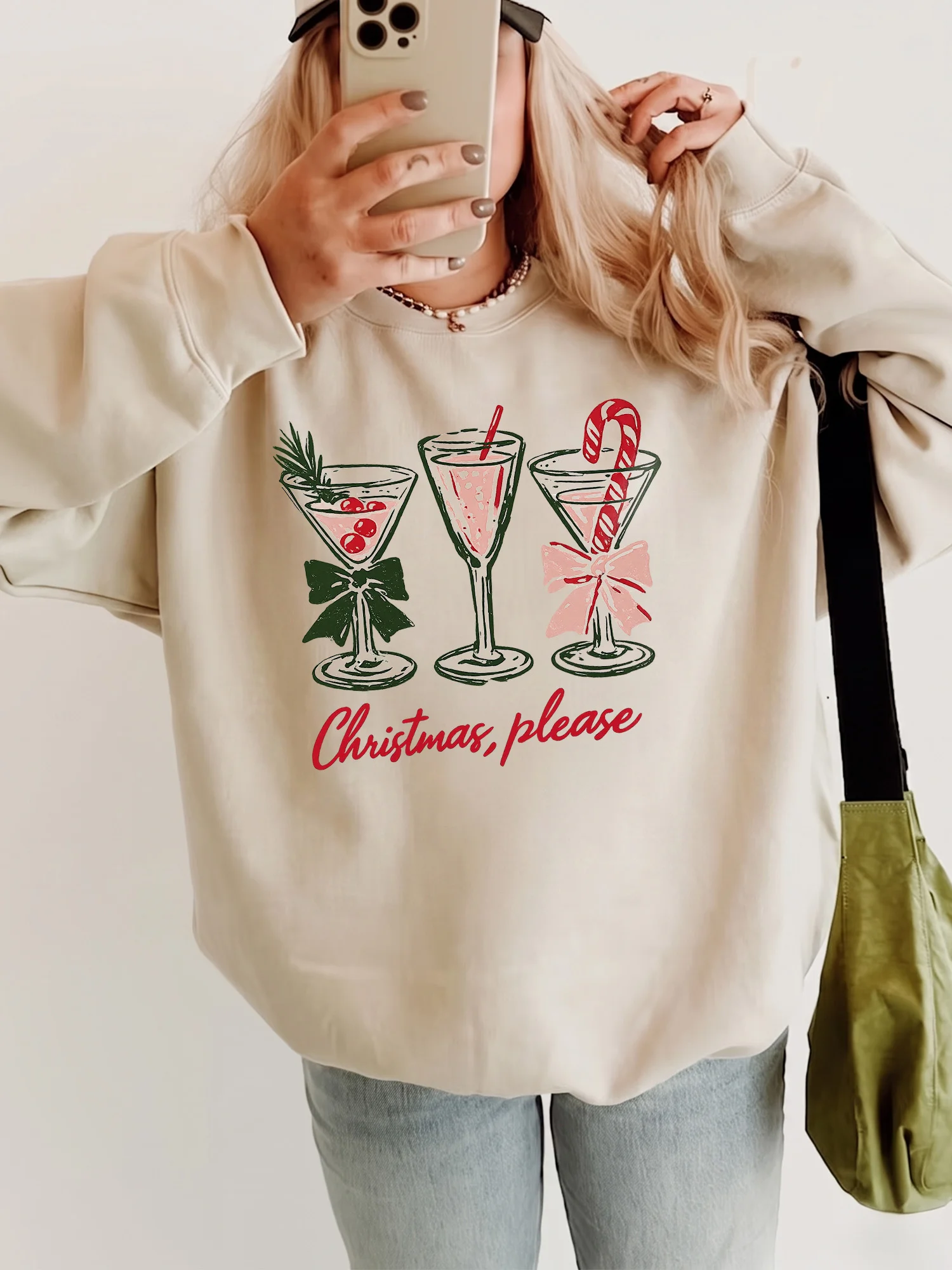 Christmas Please Festive Cocktail Sweatshirt Cozy Holiday Party Crewneck For Women