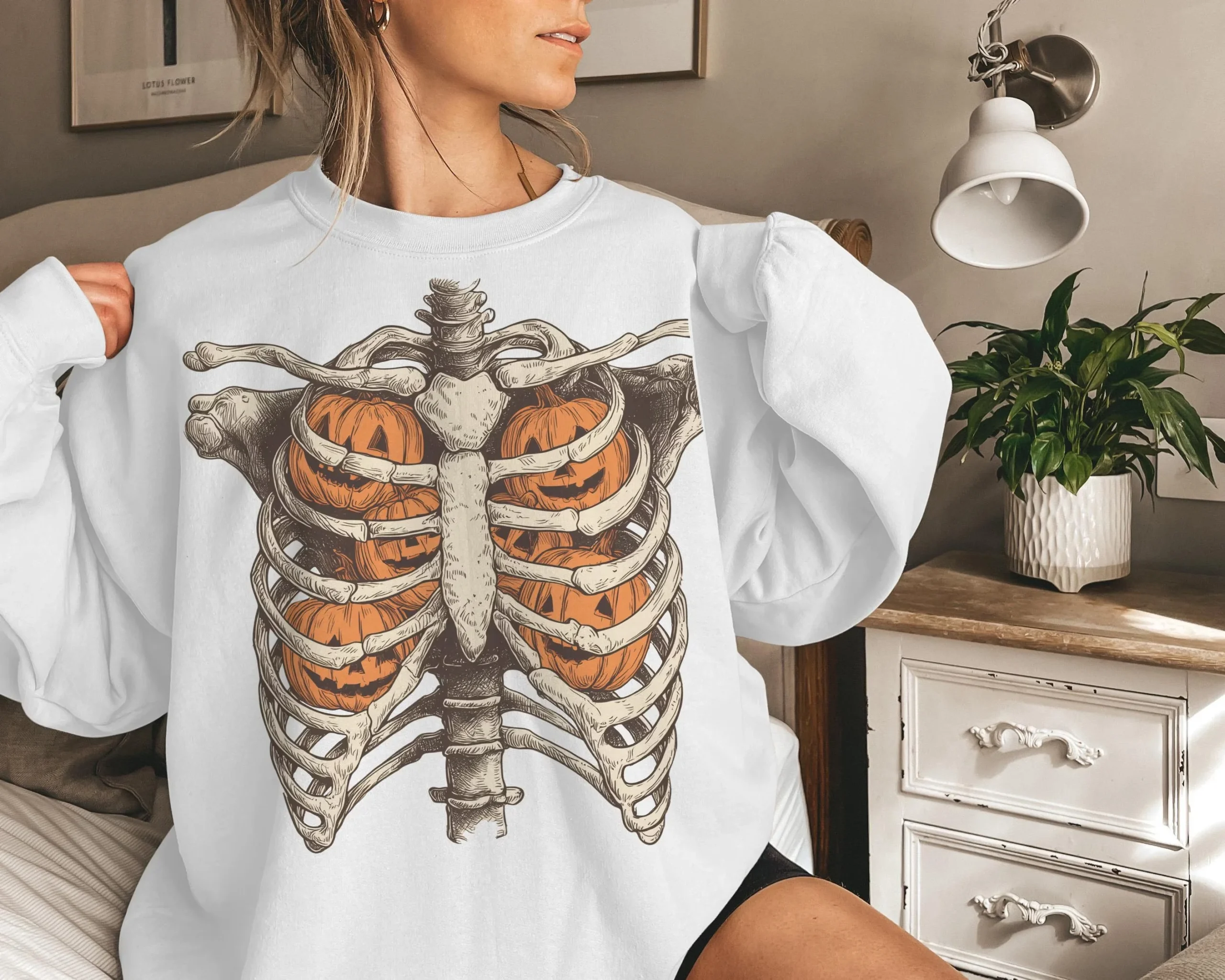 Skeleton Ribcage Pumpkin Sweatshirt Spooky Vintage Halloween Fall Apparel
