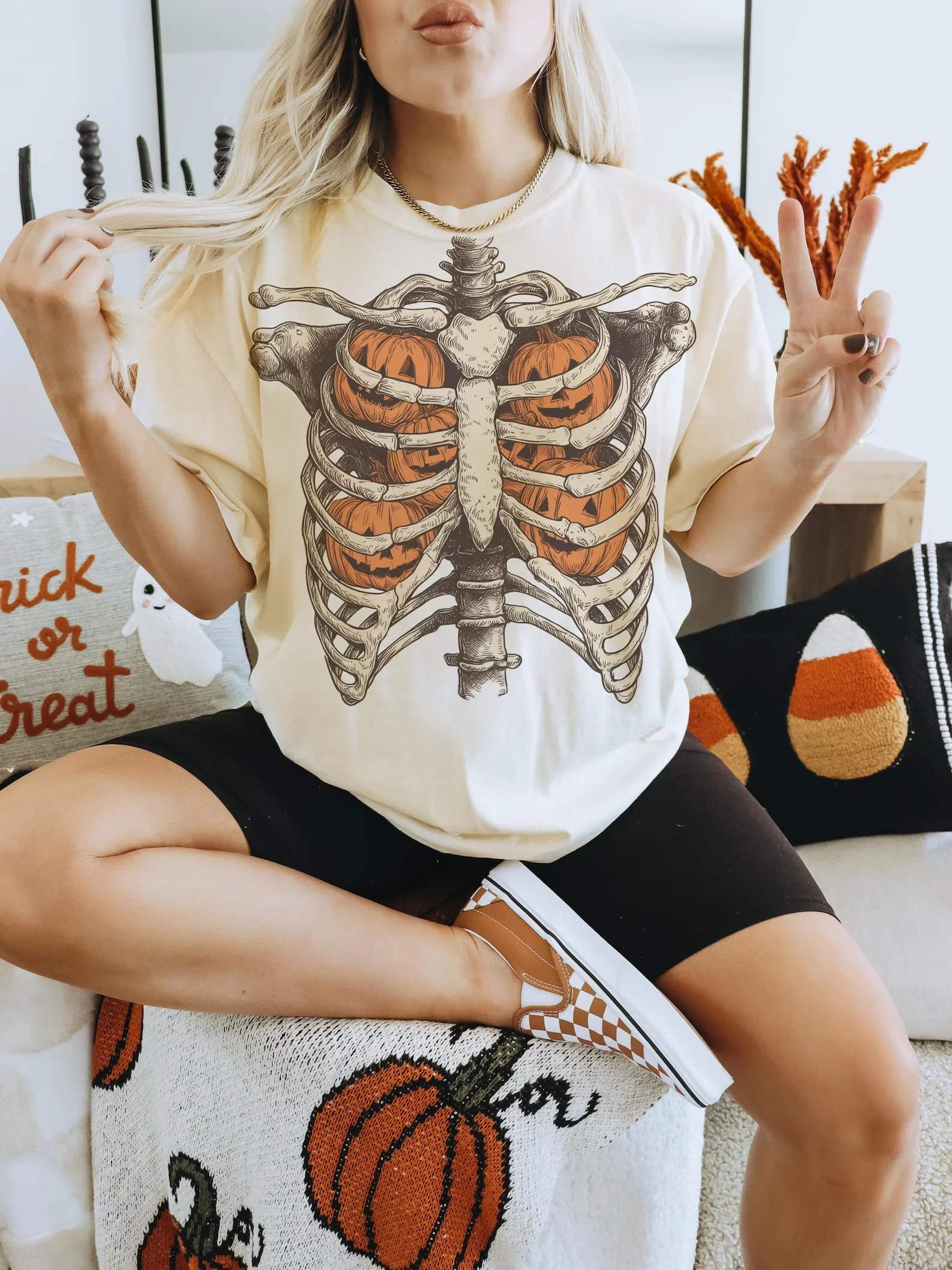 Skeleton Ribcage Pumpkin Sweatshirt Spooky Vintage Halloween Fall Apparel