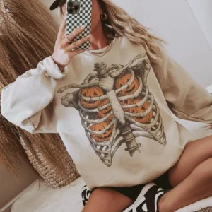 Skeleton Ribcage Pumpkin Sweatshirt Spooky Vintage Halloween Fall Apparel