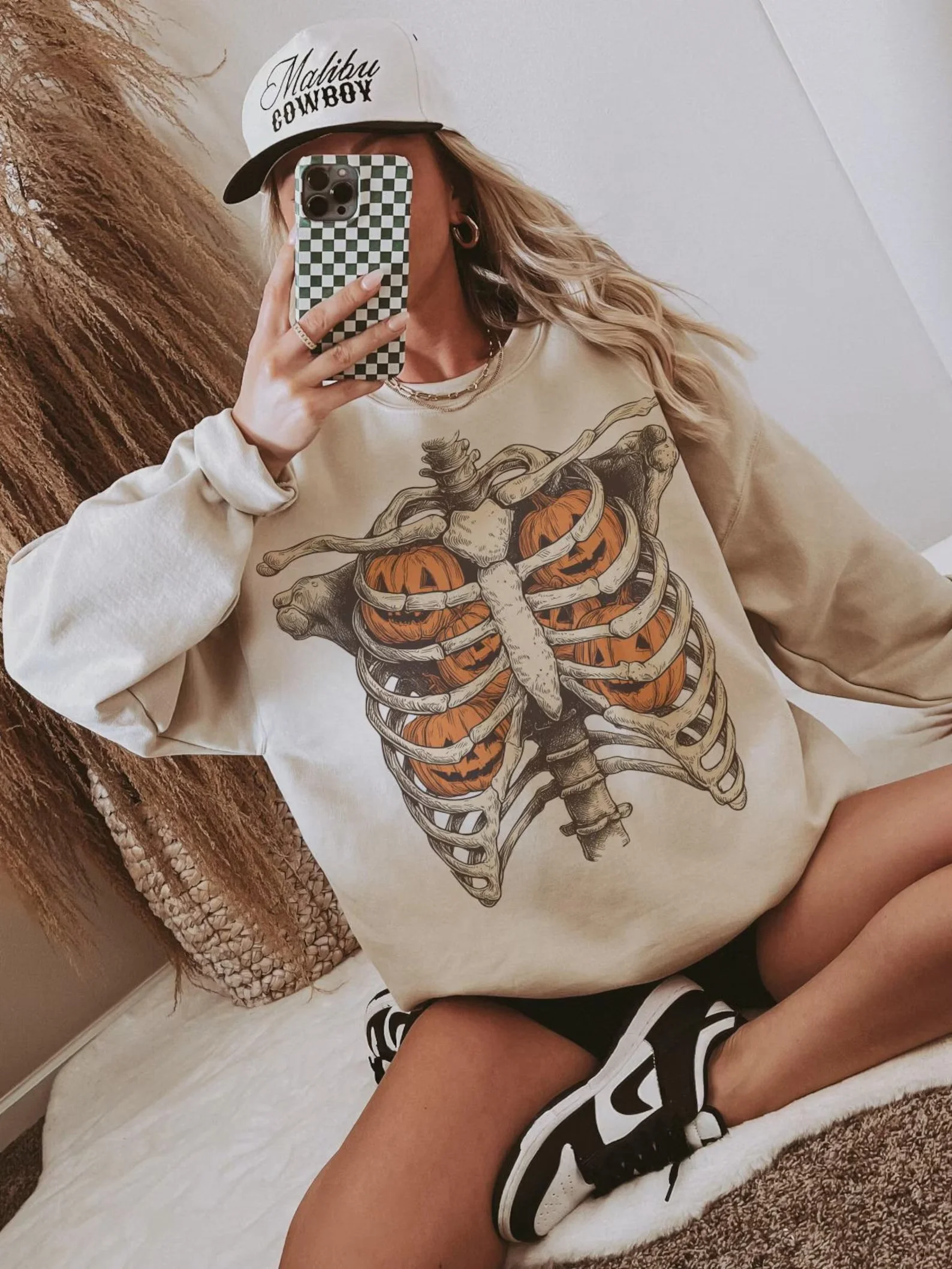 Skeleton Ribcage Pumpkin Sweatshirt Spooky Vintage Halloween Fall Apparel
