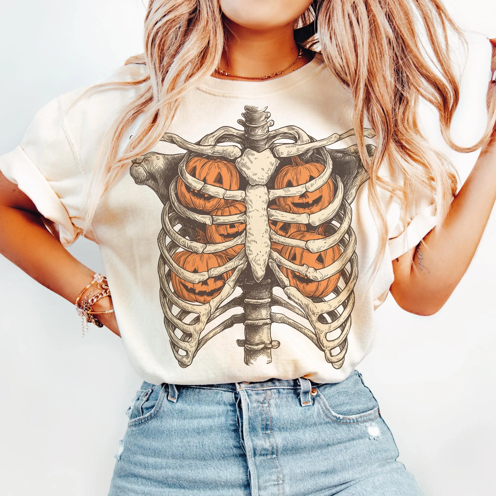 Skeleton Ribcage Pumpkin Sweatshirt Spooky Vintage Halloween Fall Apparel