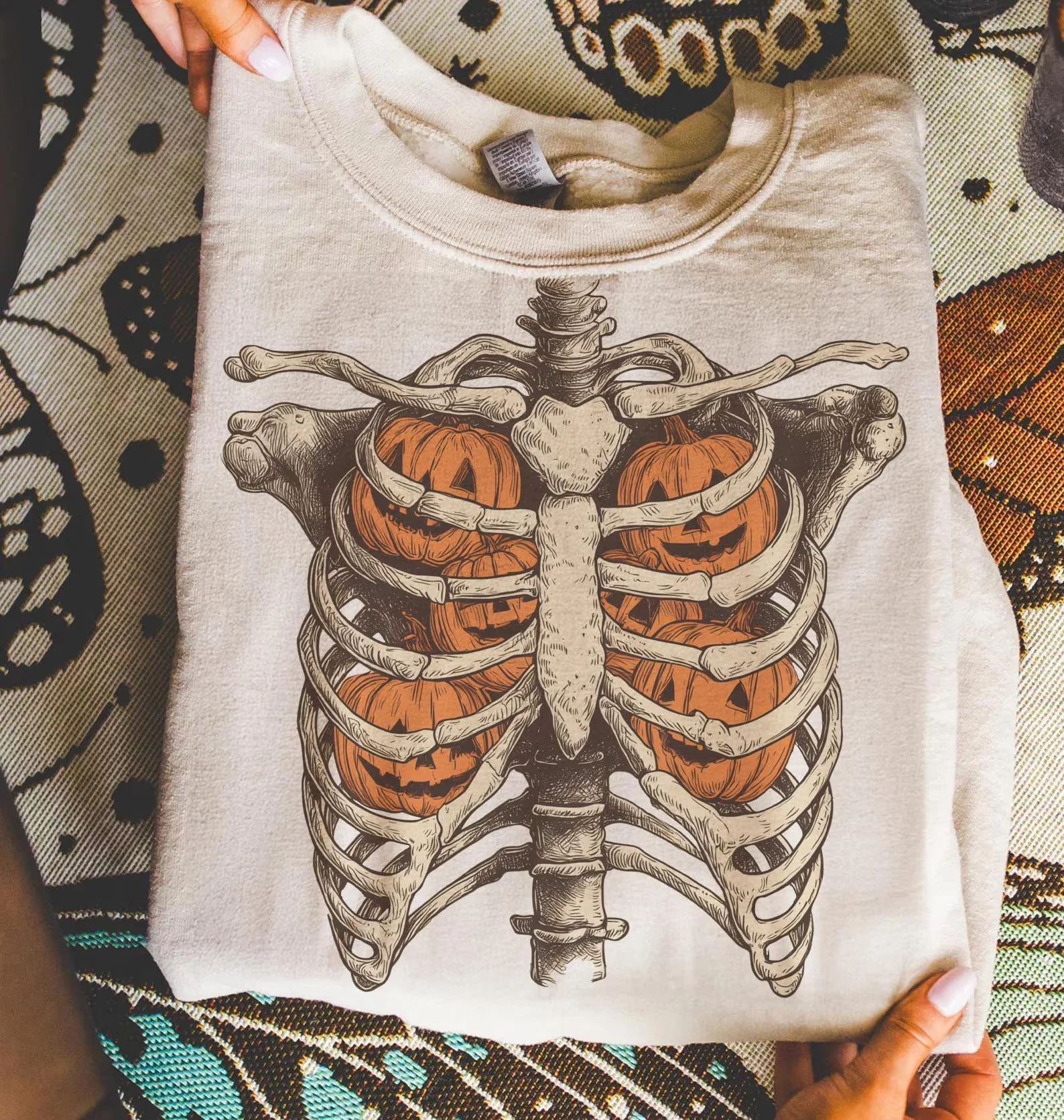 Skeleton Ribcage Pumpkin Sweatshirt Spooky Vintage Halloween Fall Apparel