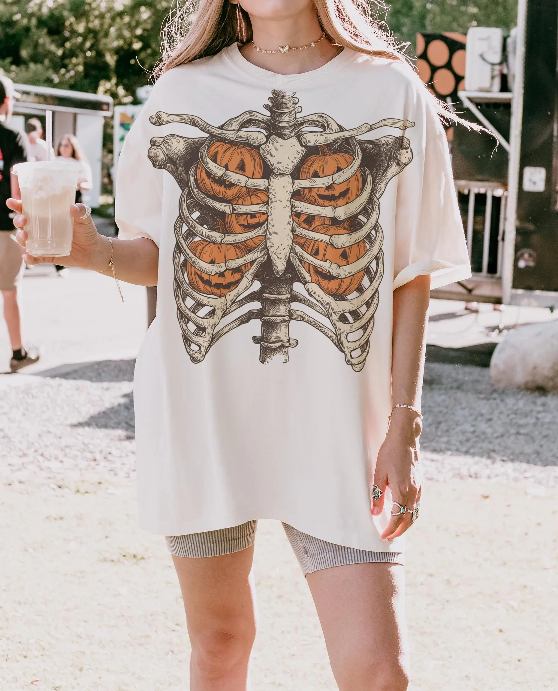 Skeleton Ribcage Pumpkin Sweatshirt Spooky Vintage Halloween Fall Apparel