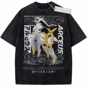 Vintage Washed Arceus Graphic Tee Shirt Japanese Anime Streetwear Gamer Gift