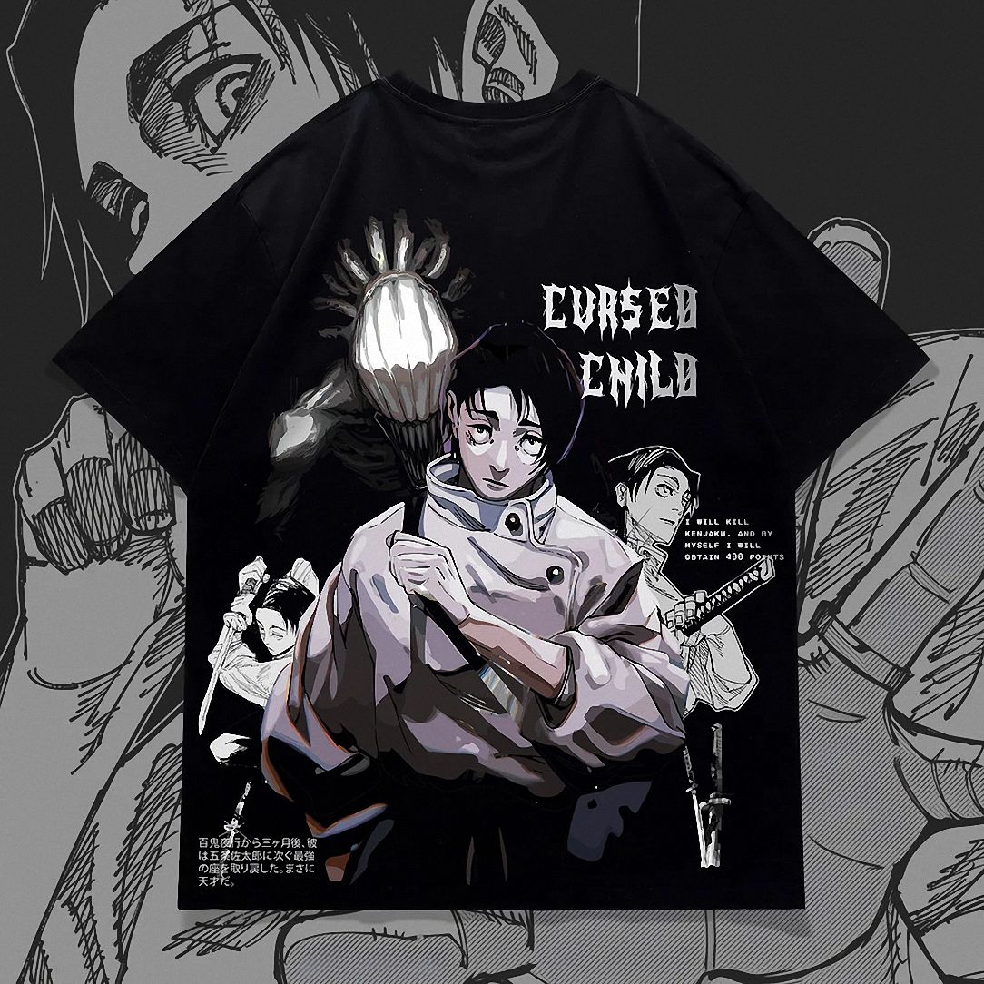 Cursed Child Anime Graphic Tee Dark Manga Panel Japanese Text Shirt for Fandom Streetwear