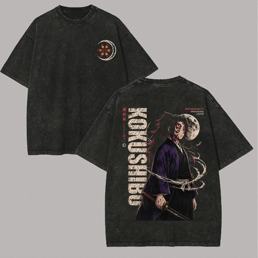 woobulk_1785208495916_0_dd0b58b3.jpg Kokushibo Upper Moon One Vintage Wash Graphic Tee Japanese Anime Streetwear Shirt