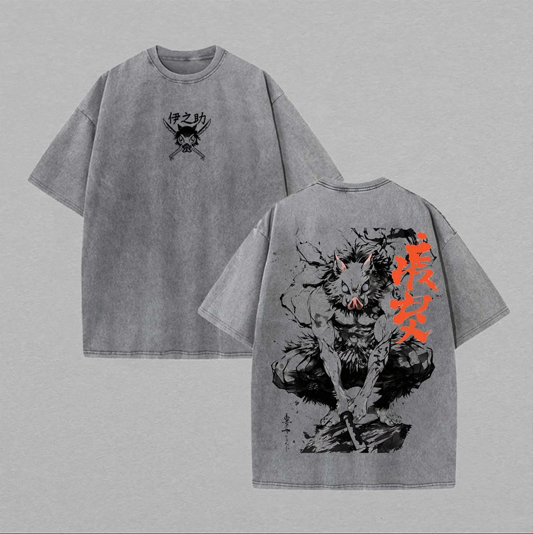 woobulk_1785208549121_0_0705ca76.jpg Inosuke Hashibira Vintage Wash Graphic Tee Japanese Text Anime Streetwear T-Shirt