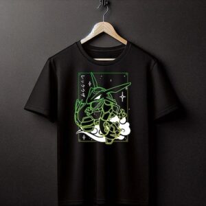 Rayquaza Japanese Text Graphic Tee Neon Anime Dragon Streetwear Shirt for Gamers