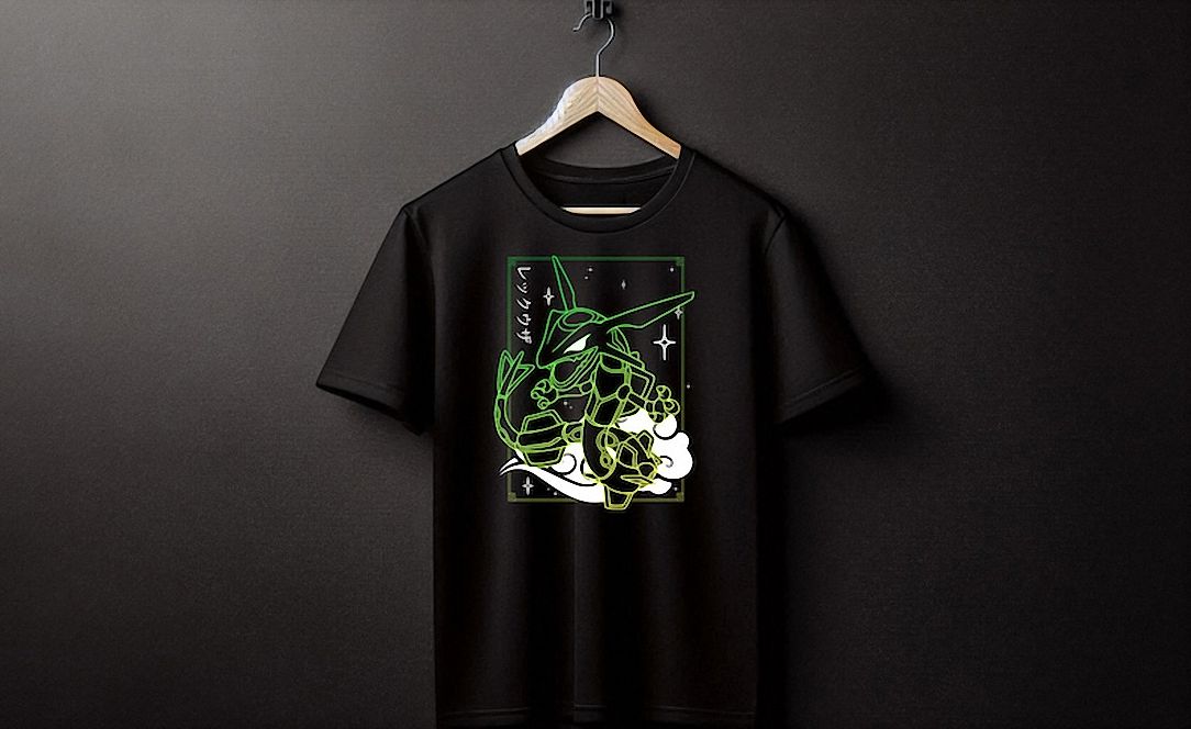 woobulk_1785208848875_0_fa3e57e4.jpg Rayquaza Japanese Text Graphic Tee Neon Anime Dragon Streetwear Shirt for Gamers