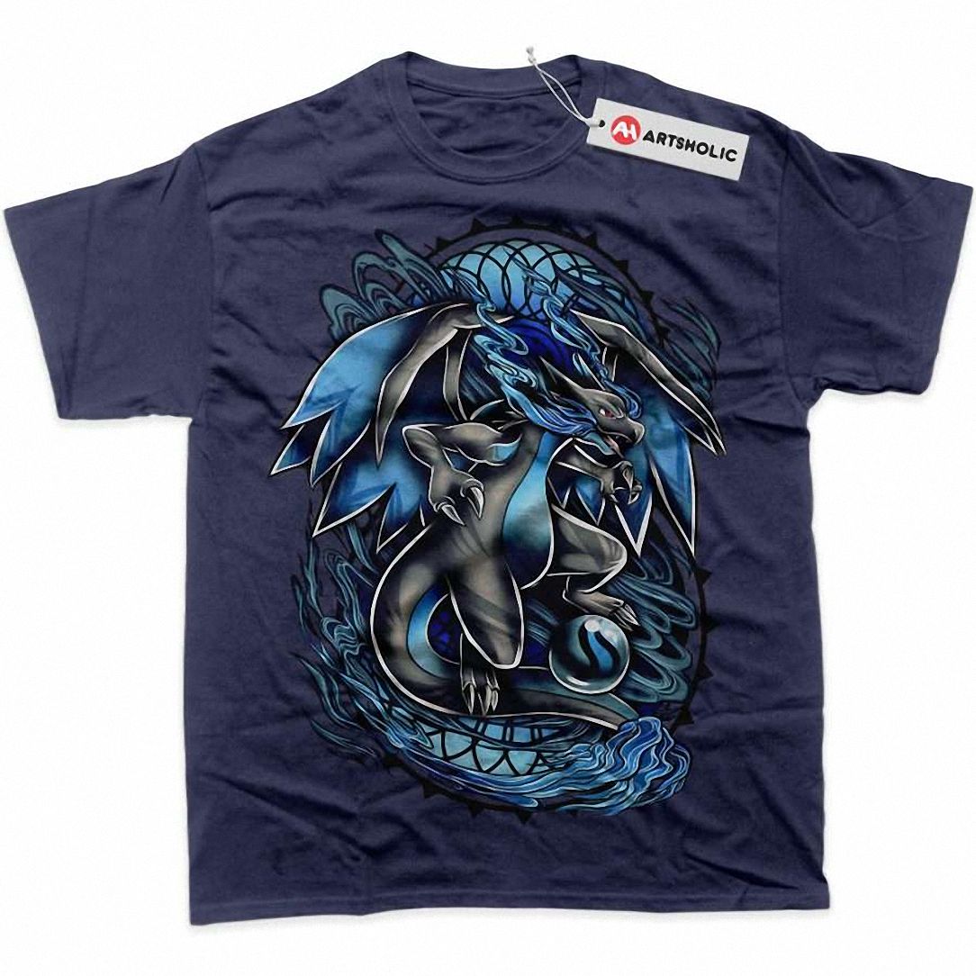 Mega Charizard X Graphic Tee Vintage Wash Style Blue Dragon Anime T-Shirt for Gamers