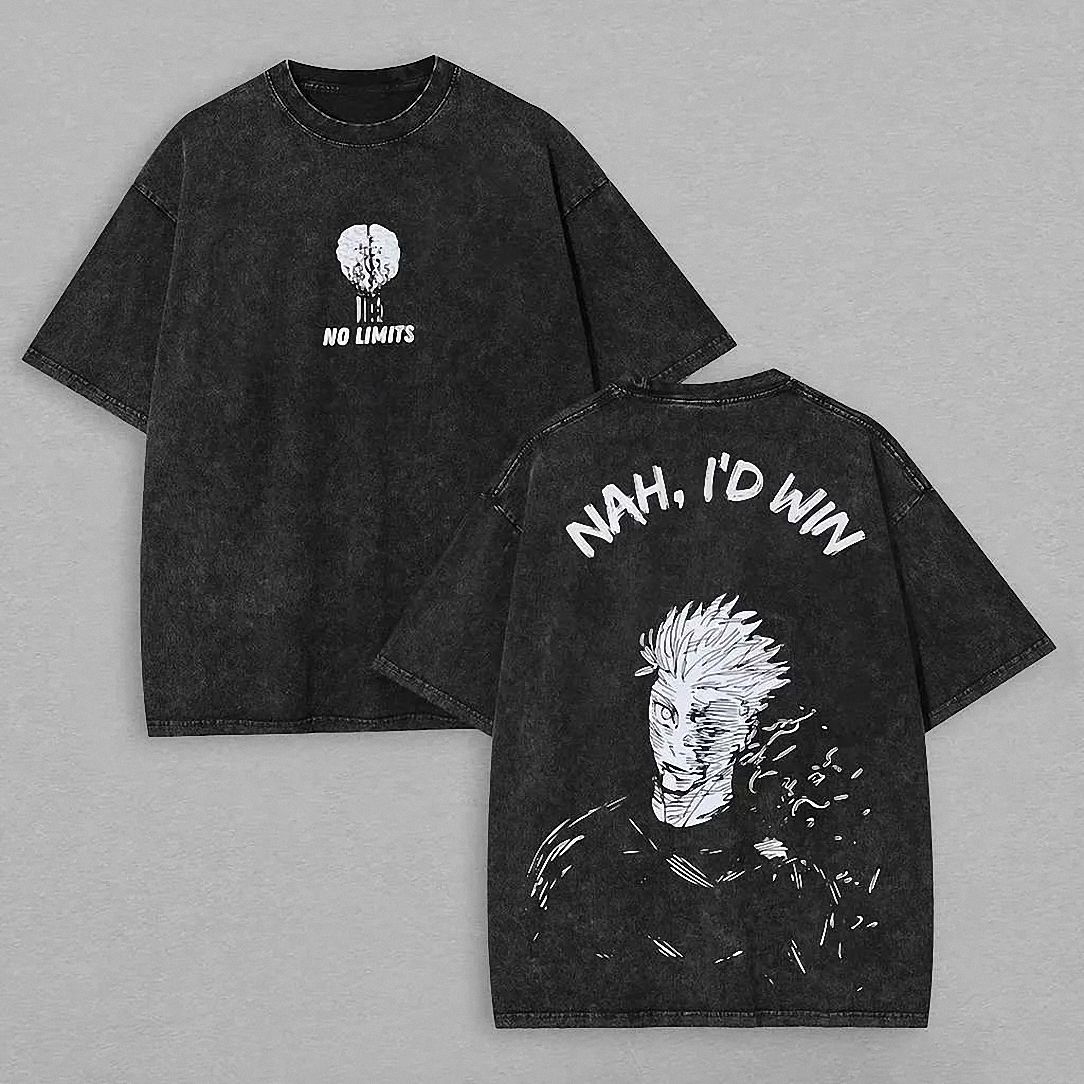 Nah I'd Win Anime Graphic Tee No Limits Acid Wash Vintage Manga Streetwear T-Shirt