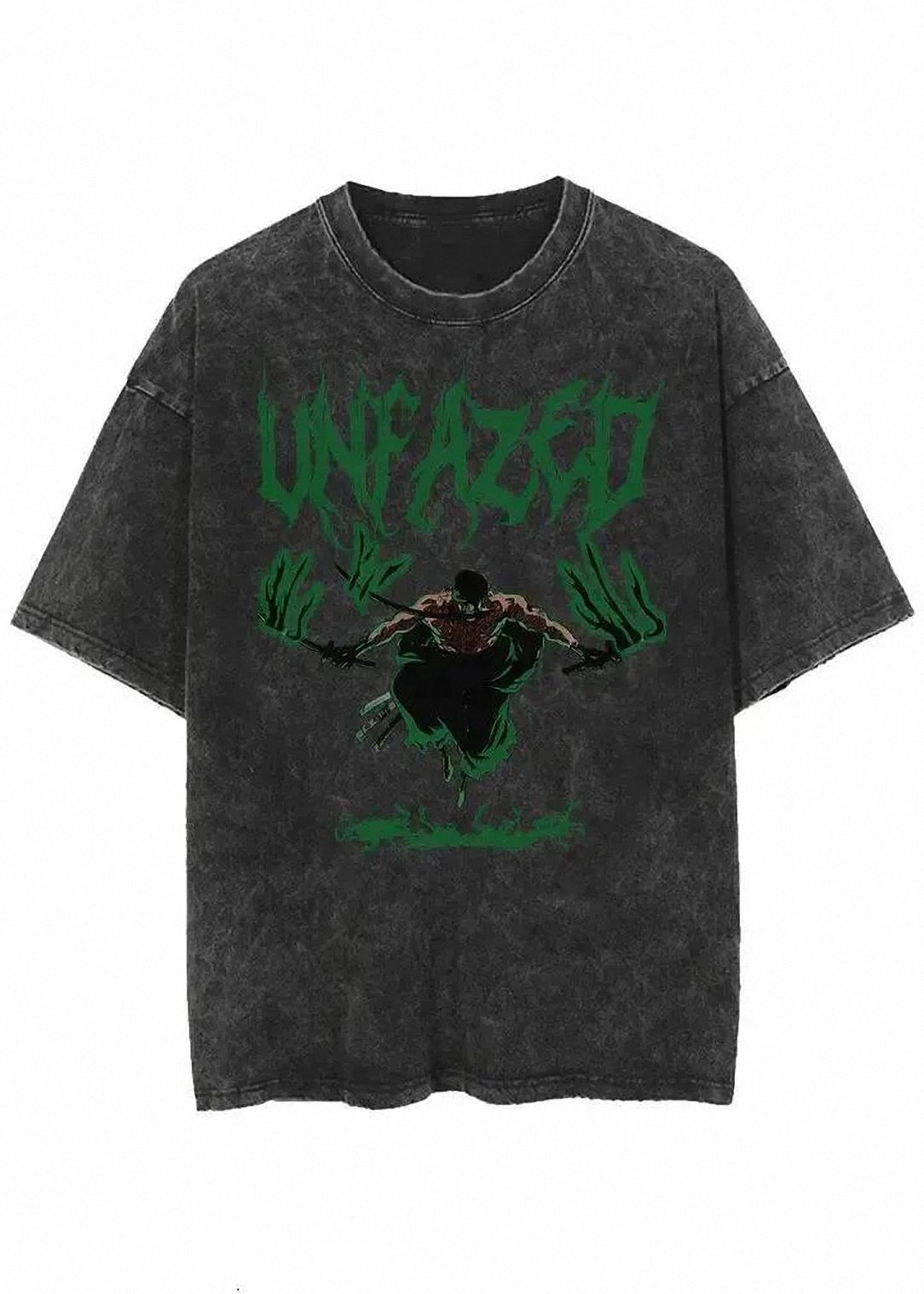 Unfazed T-Shirt Roronoa Zoro Acid Wash Graphic Tee Dark Anime Streetwear Shirt