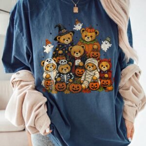 Cute Halloween Teddy Bears Graphic Tee Jack O Lantern Pumpkin Shirt Spooky Season T-Shirt For Women