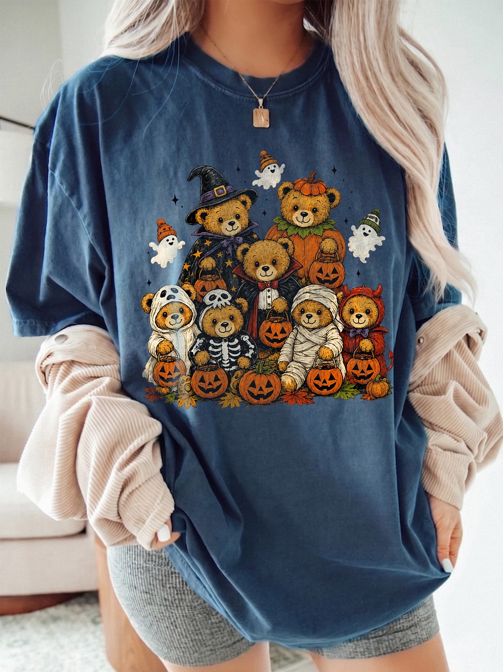 Cute Halloween Teddy Bears Graphic Tee Jack O Lantern Pumpkin Shirt Spooky Season T-Shirt For Women