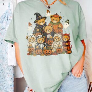 Cute Halloween Teddy Bears Graphic Tee Jack O Lantern Pumpkin Shirt Spooky Season T-Shirt For Women