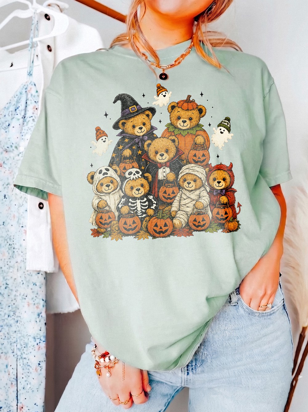 Cute Halloween Teddy Bears Graphic Tee Jack O Lantern Pumpkin Shirt Spooky Season T-Shirt For Women