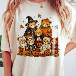 Cute Halloween Teddy Bears Graphic Tee Jack O Lantern Pumpkin Shirt Spooky Season T-Shirt For Women