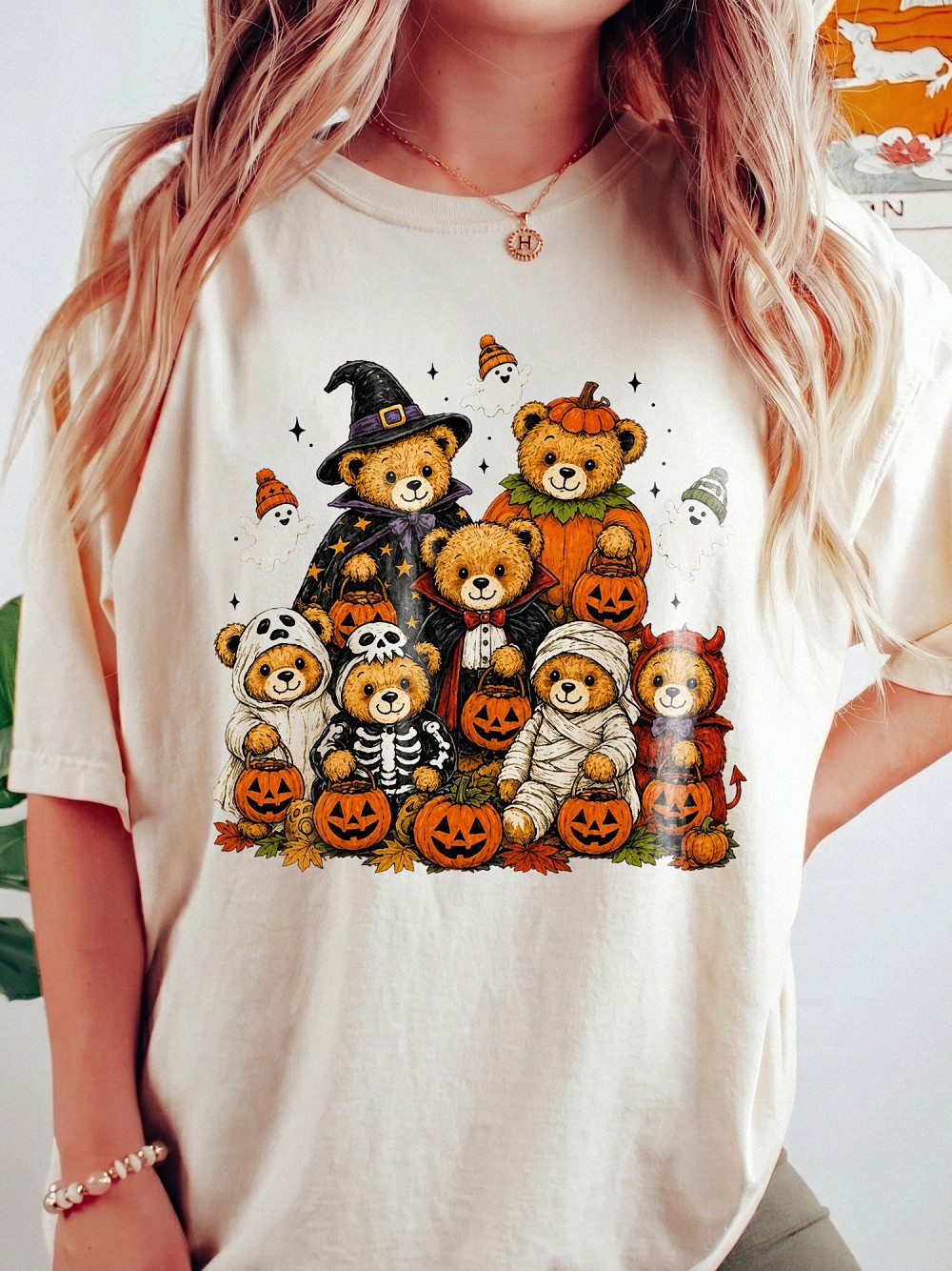 Cute Halloween Teddy Bears Graphic Tee Jack O Lantern Pumpkin Shirt Spooky Season T-Shirt For Women