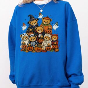 Cute Halloween Teddy Bears Graphic Tee Jack O Lantern Pumpkin Shirt Spooky Season T-Shirt For Women