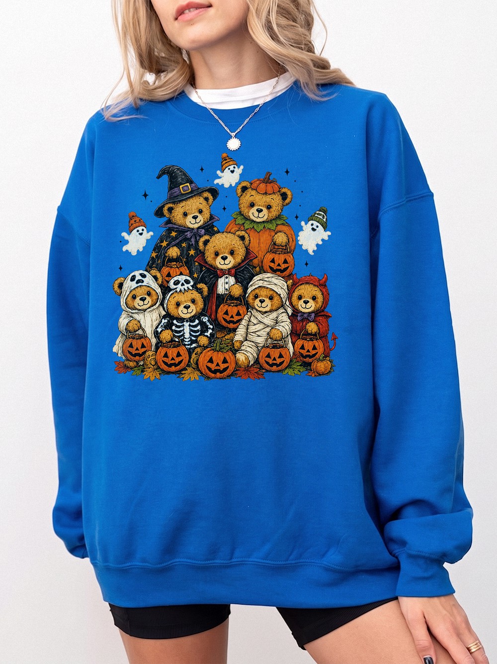 Cute Halloween Teddy Bears Graphic Tee Jack O Lantern Pumpkin Shirt Spooky Season T-Shirt For Women
