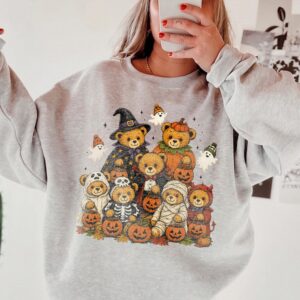 Cute Halloween Teddy Bears Graphic Tee Jack O Lantern Pumpkin Shirt Spooky Season T-Shirt For Women