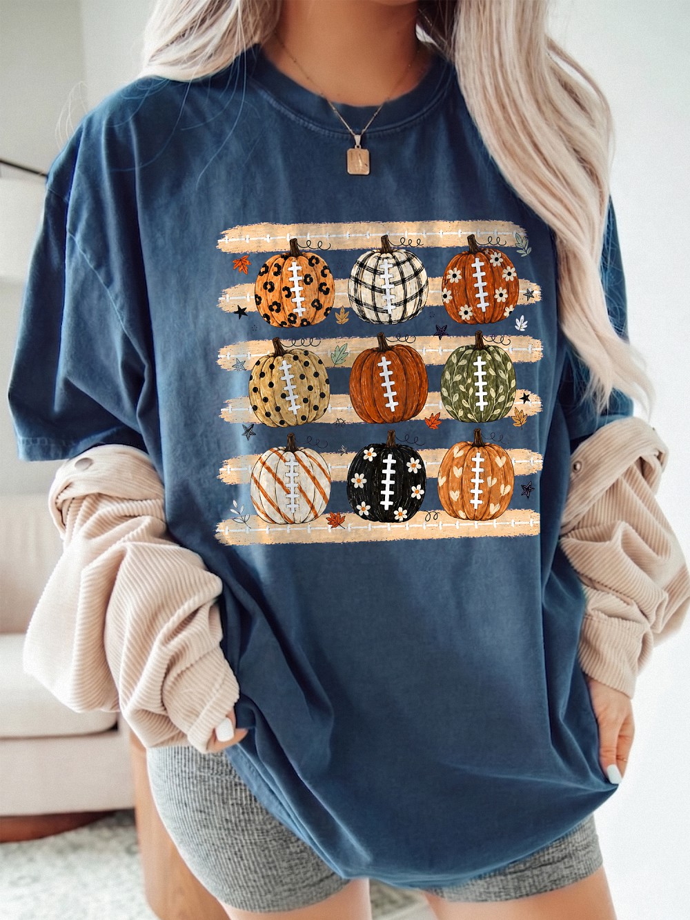 Fall Football Pumpkin Graphic Shirt Cute Autumn Game Day Tee For Women Tailgate And Football Mom T-Shirt