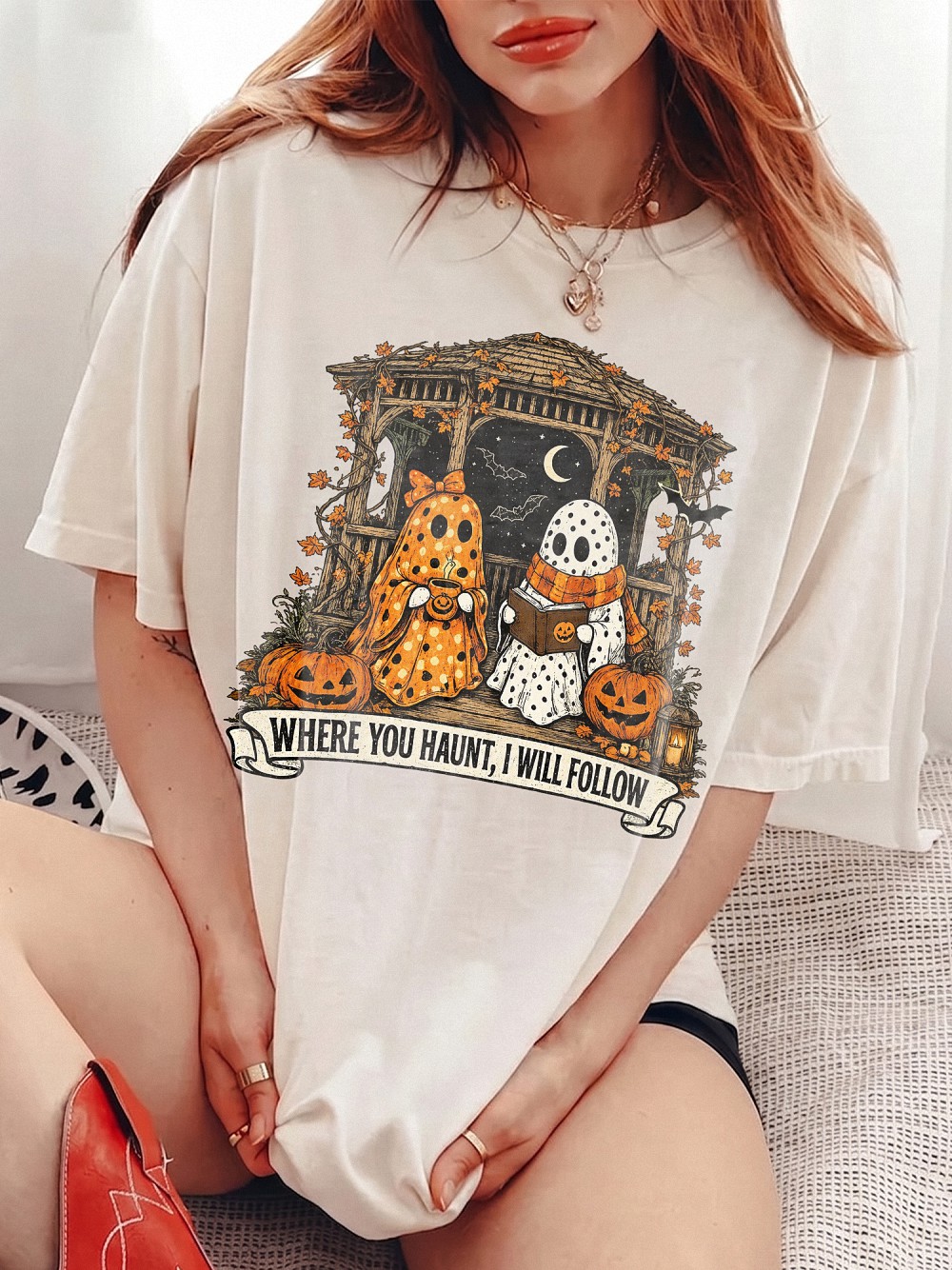 Where You Haunt I Will Follow Cute Ghost Couple Graphic Tee Spooky Season Halloween Shirt