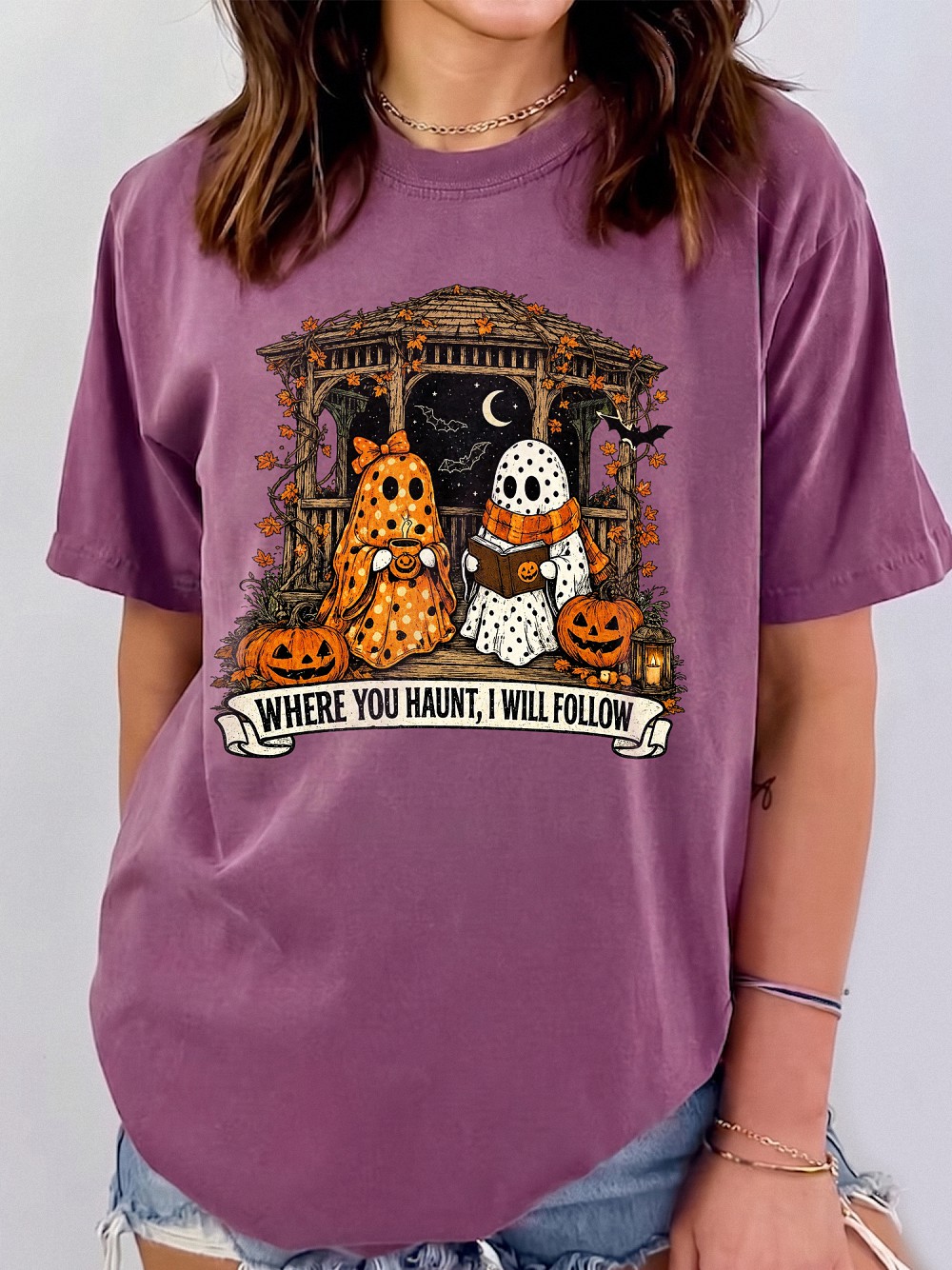 Where You Haunt I Will Follow Cute Ghost Couple Graphic Tee Spooky Season Halloween Shirt