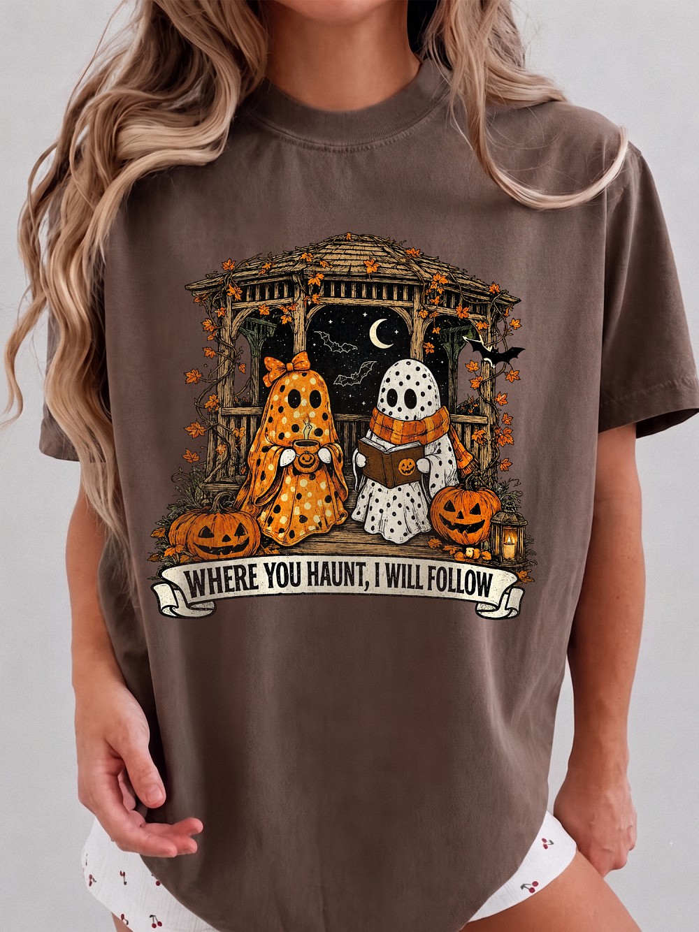Where You Haunt I Will Follow Cute Ghost Couple Graphic Tee Spooky Season Halloween Shirt