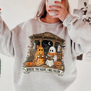 Where You Haunt I Will Follow Cute Ghost Couple Graphic Tee Spooky Season Halloween Shirt