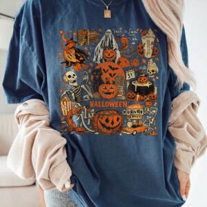 Vintage Halloween Graphic Tee Spooky October 31 Horror T-Shirt Retro Pumpkin Skeleton Shirt