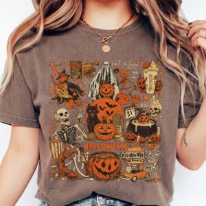 Vintage Halloween Graphic Tee Spooky October 31 Horror T-Shirt Retro Pumpkin Skeleton Shirt